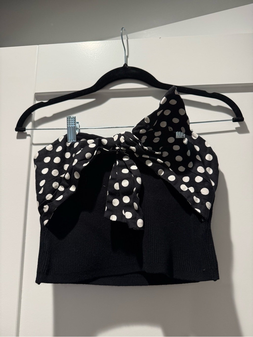 Anthropologie Black and White Polka Dot Bow Crop Top